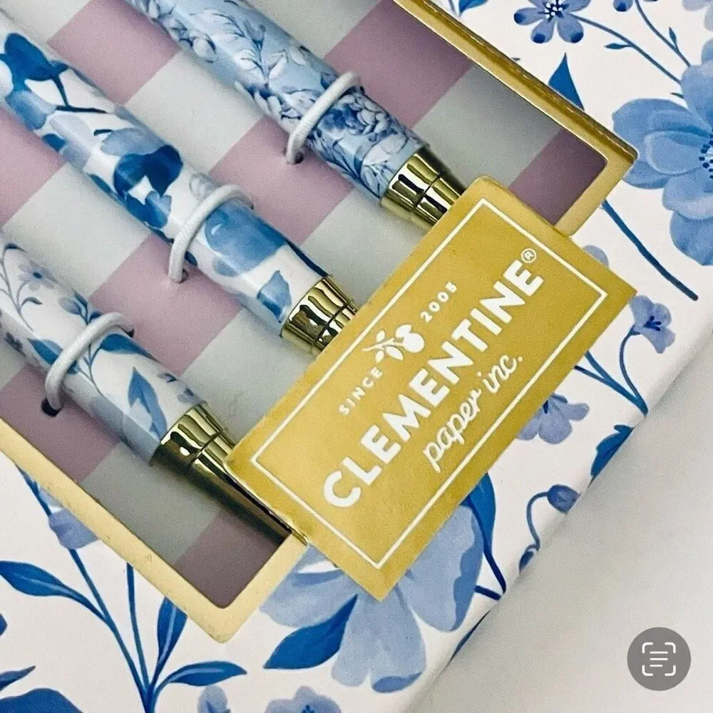 NWT Gorgeous Clementine set of 3 Floral Blue & Gold Pens with Black Ink Gift Set